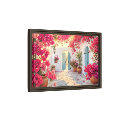 Side Mockup 5. Pink Bougainvillea Courtyard shown as framed canvas print
