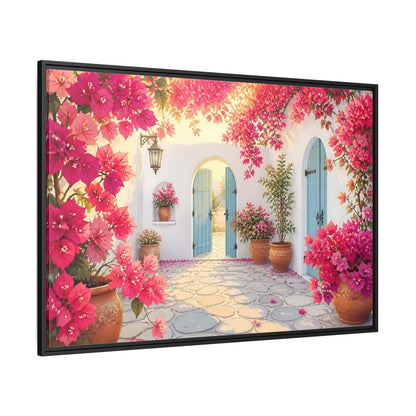 Side Mockup 12. Pink Bougainvillea Courtyard shown as framed canvas print
