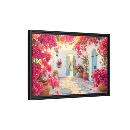 Side Mockup 3. Pink Bougainvillea Courtyard shown as framed canvas print