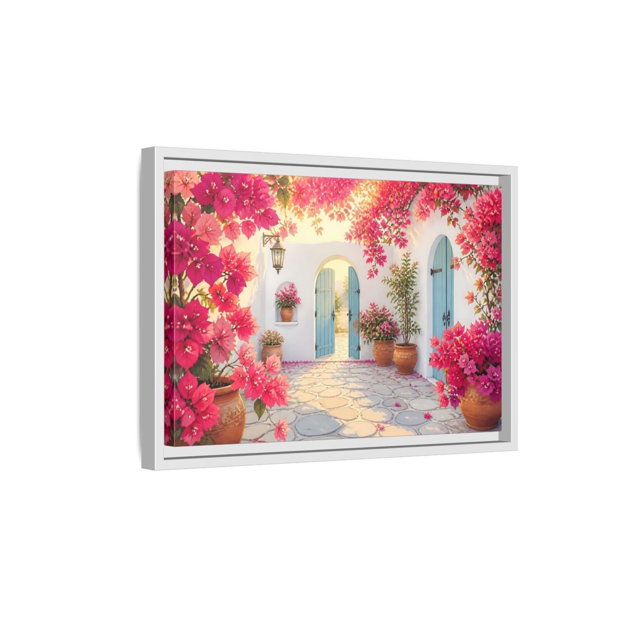 Side Mockup 4. Pink Bougainvillea Courtyard shown as framed canvas print
