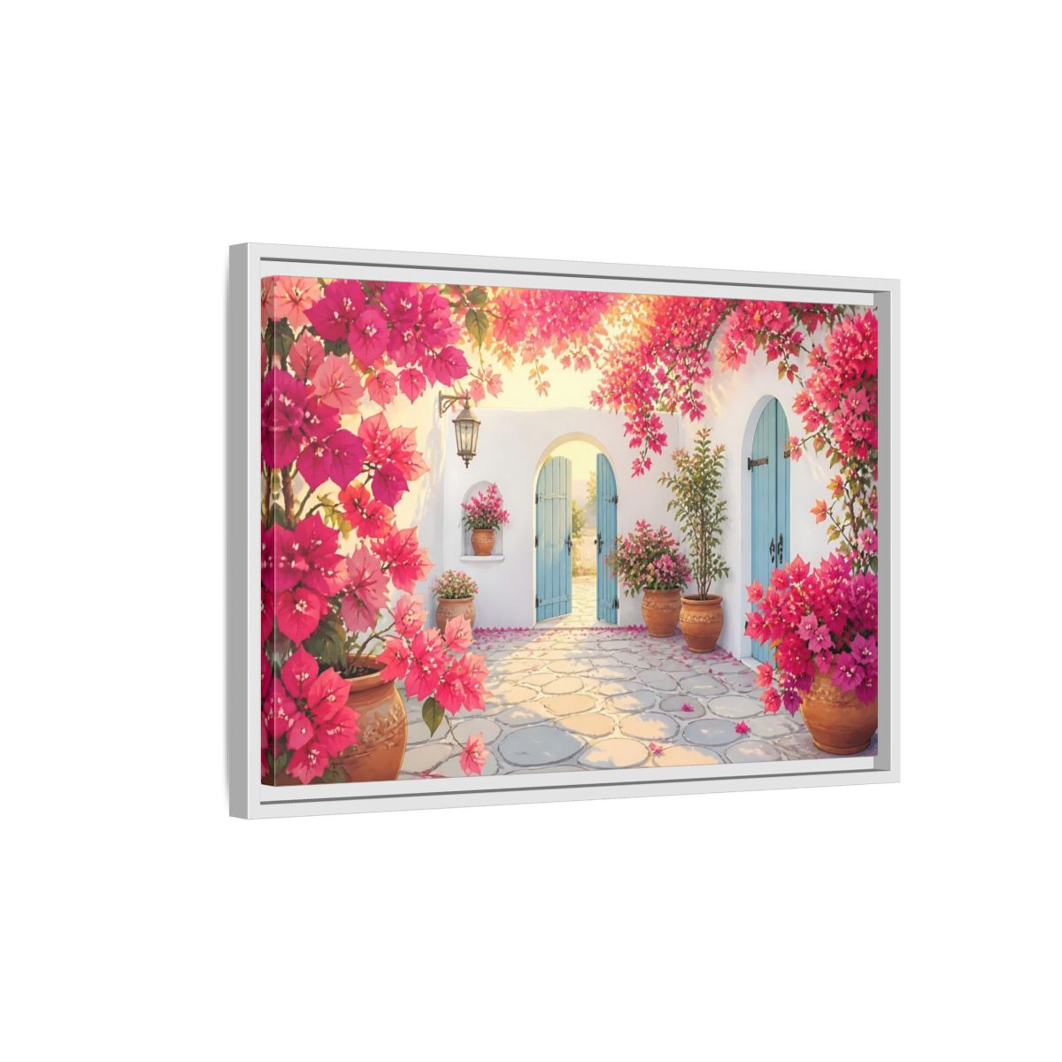 Side Mockup 1. Pink Bougainvillea Courtyard shown as framed canvas print