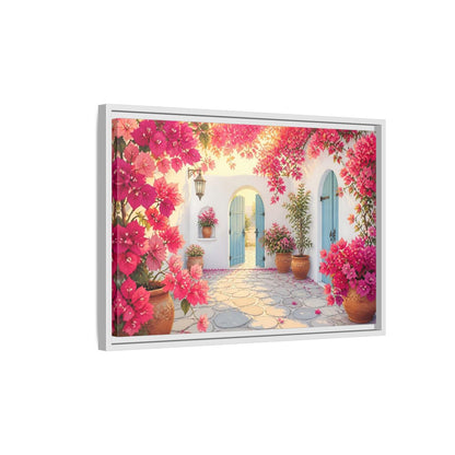 Side Mockup 1. Pink Bougainvillea Courtyard shown as framed canvas print