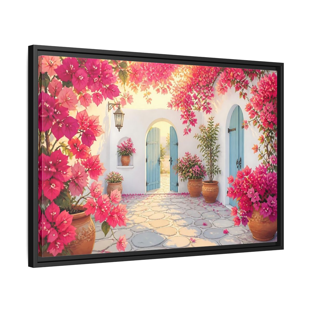 Side Mockup 14. Pink Bougainvillea Courtyard shown as framed canvas print