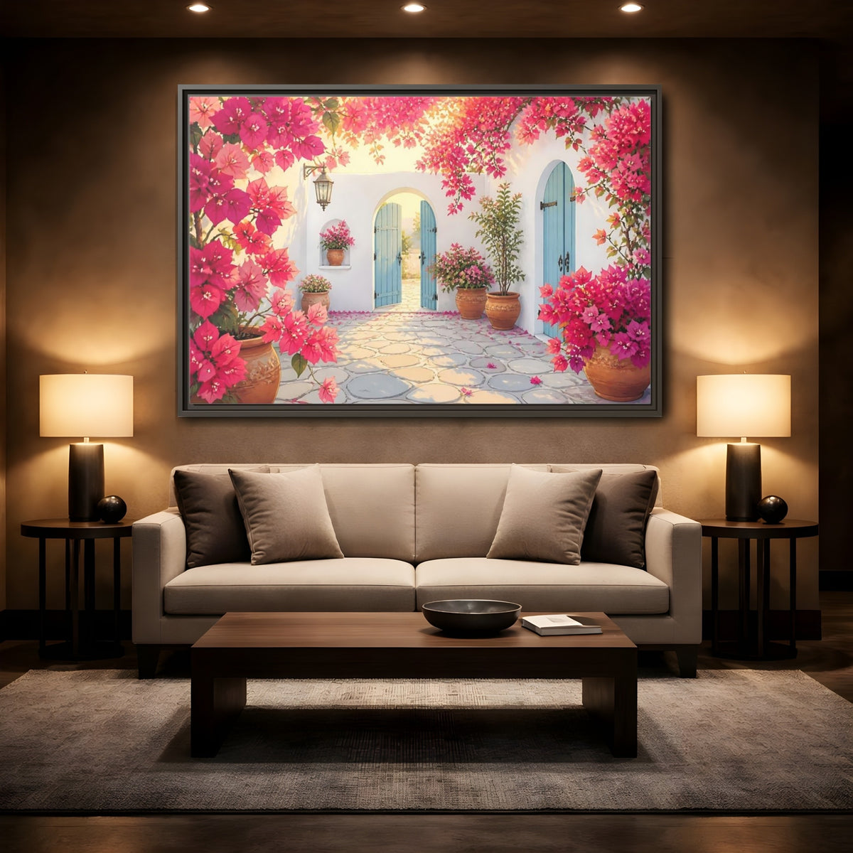 Mockup 2. Pink Bougainvillea Courtyard shown as framed canvas print