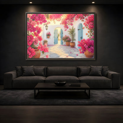 Mockup 3. Pink Bougainvillea Courtyard shown as framed canvas print