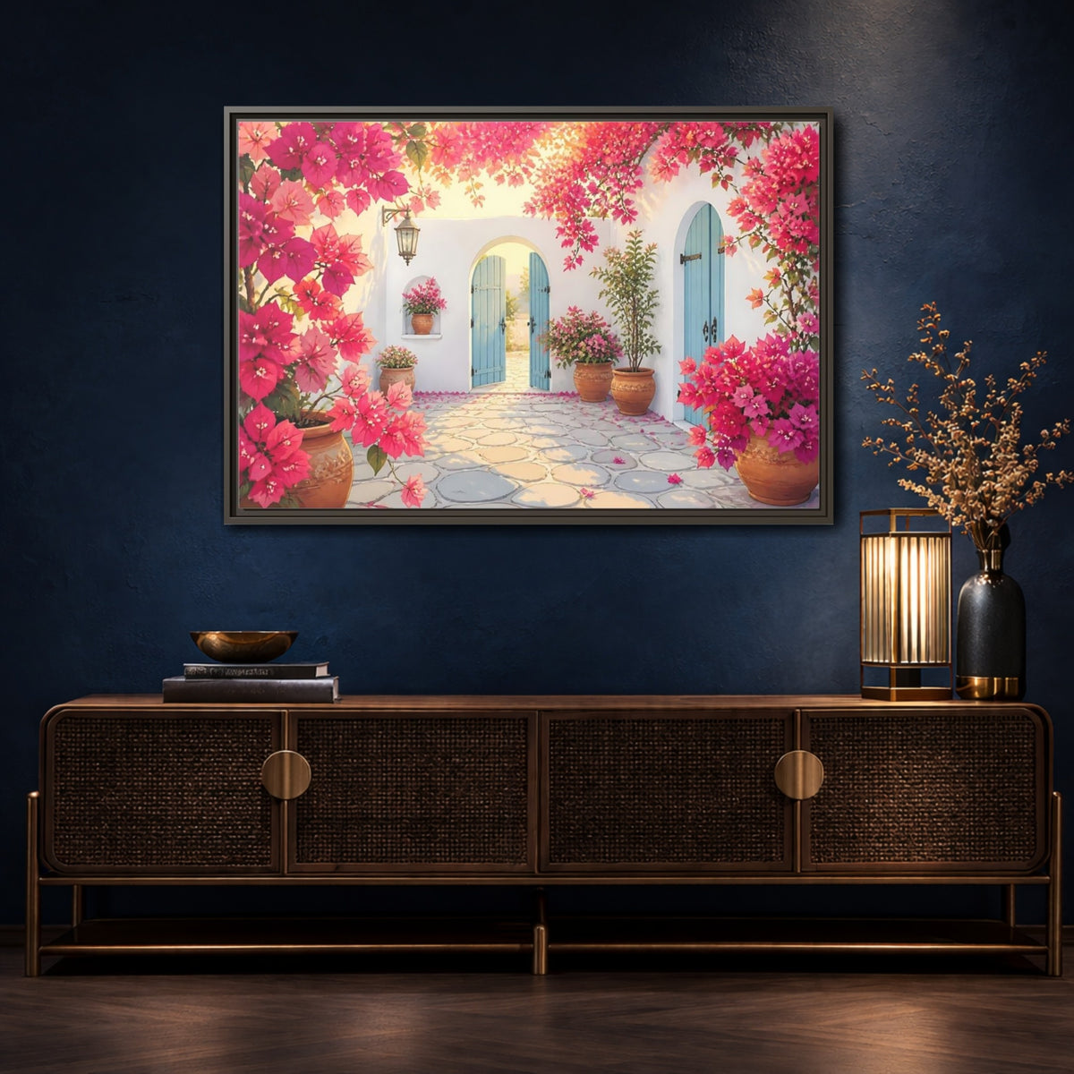 Mockup 4. Pink Bougainvillea Courtyard shown as framed canvas print