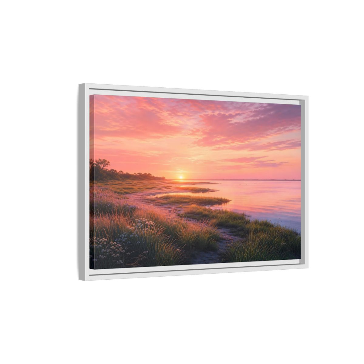 Side Mockup 1. Pink Coastal Sunset shown as framed canvas print