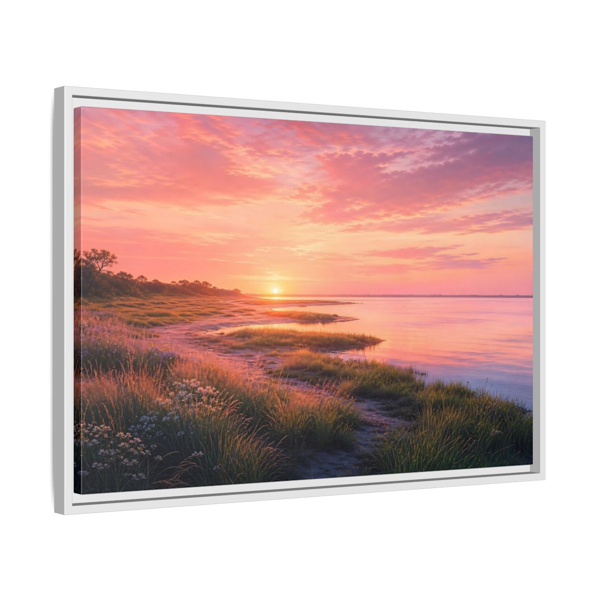 Side Mockup 10. Pink Coastal Sunset shown as framed canvas print