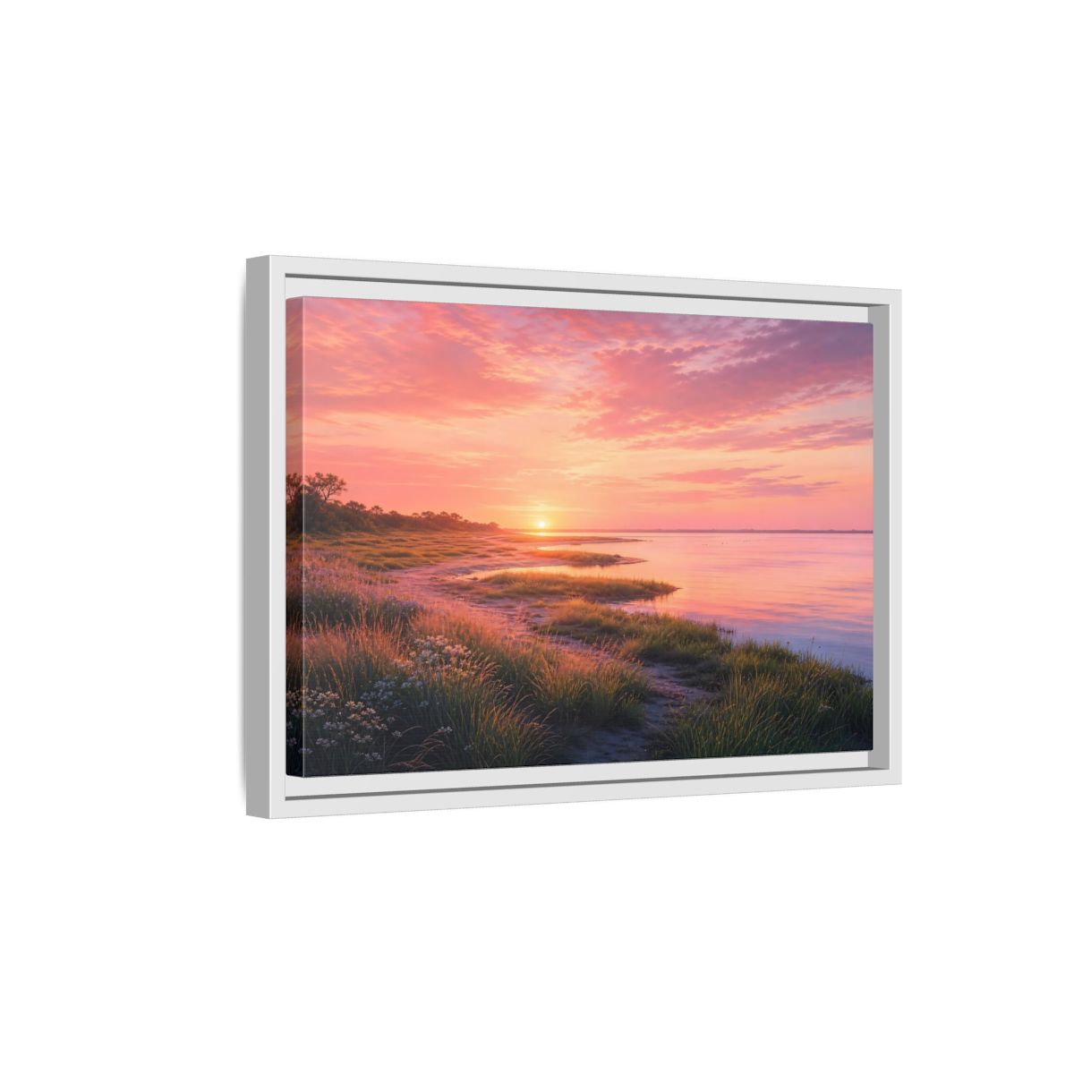 Side Mockup 4. Pink Coastal Sunset shown as framed canvas print