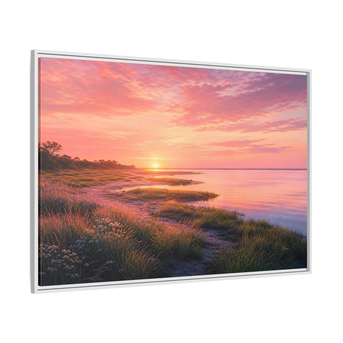 Side Mockup 7. Pink Coastal Sunset shown as framed canvas print