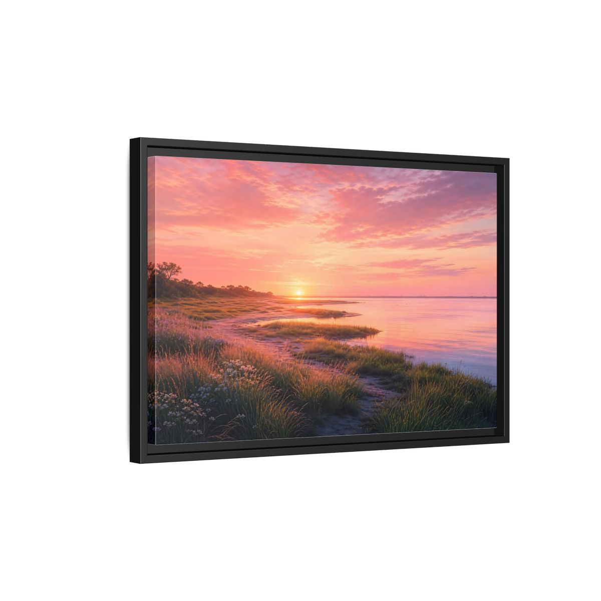 Side Mockup 3. Pink Coastal Sunset shown as framed canvas print