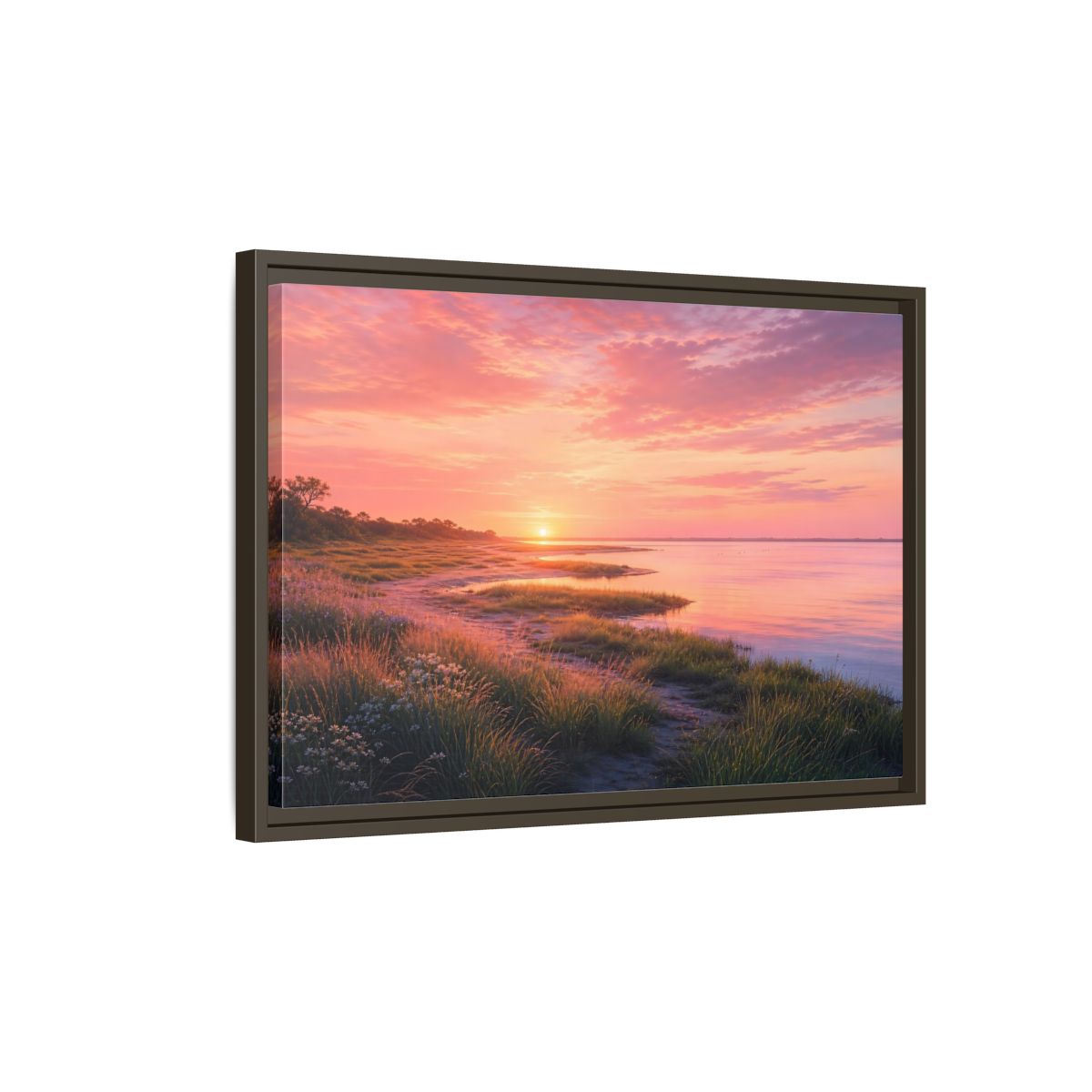 Side Mockup 2. Pink Coastal Sunset shown as framed canvas print