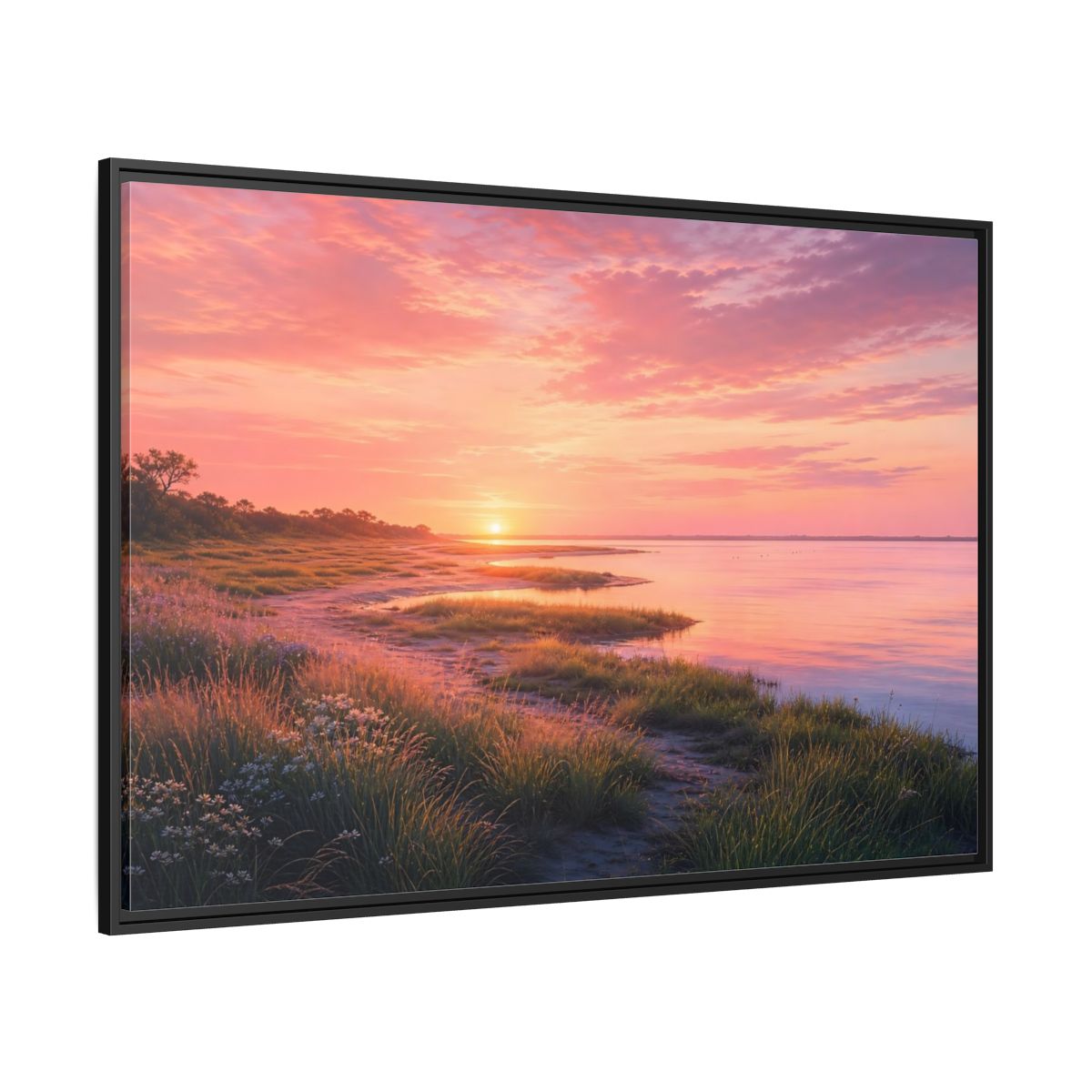 Side Mockup 12. Pink Coastal Sunset shown as framed canvas print