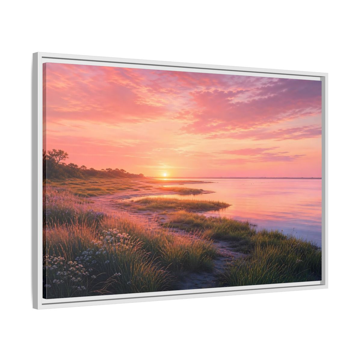 Side Mockup 9. Pink Coastal Sunset shown as framed canvas print