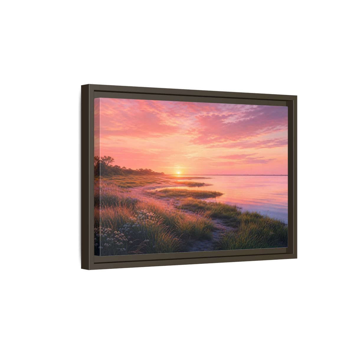 Side Mockup 5. Pink Coastal Sunset shown as framed canvas print