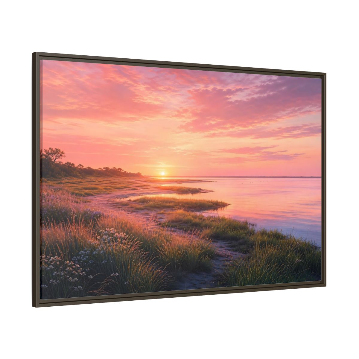 Side Mockup 8. Pink Coastal Sunset shown as framed canvas print