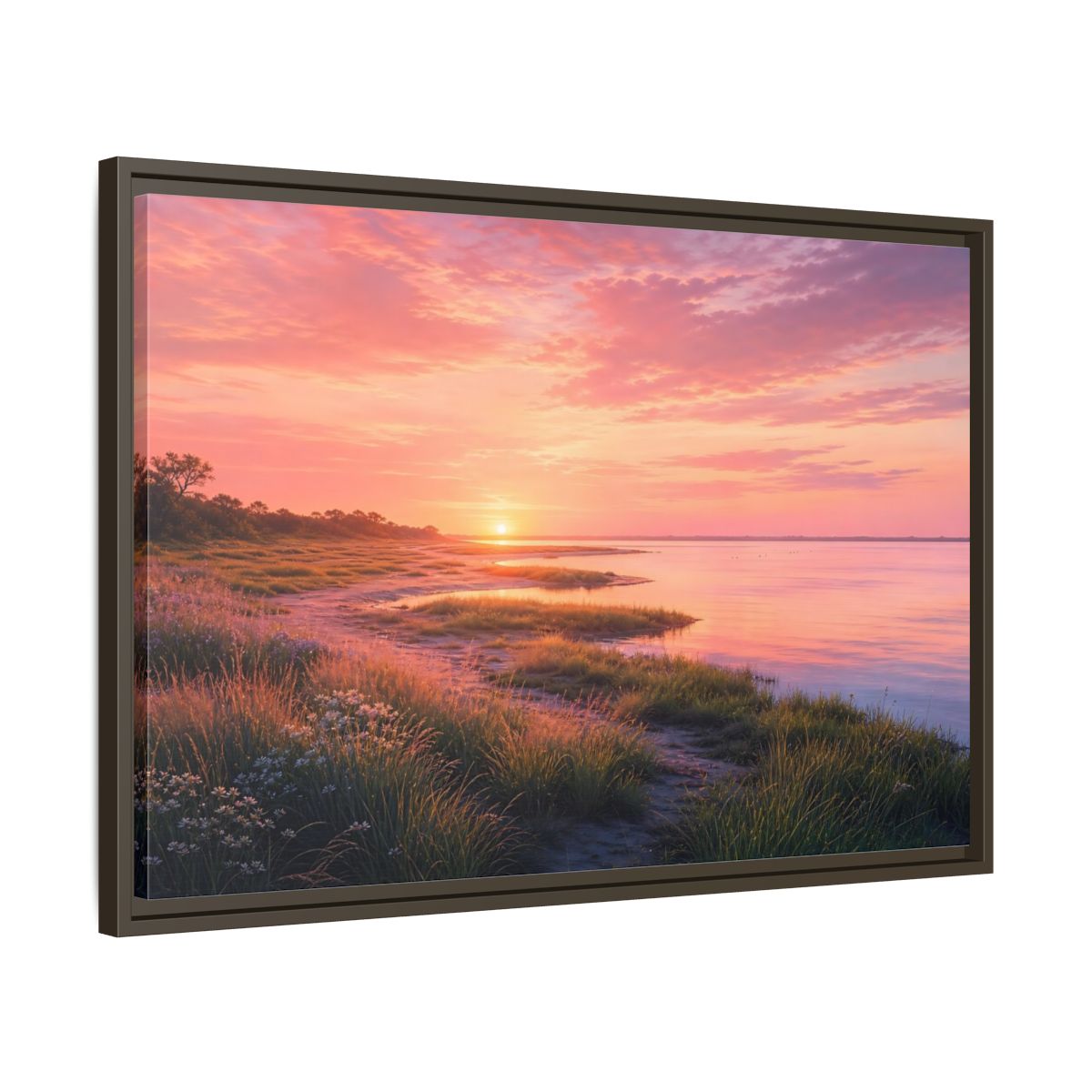 Side Mockup 11. Pink Coastal Sunset shown as framed canvas print