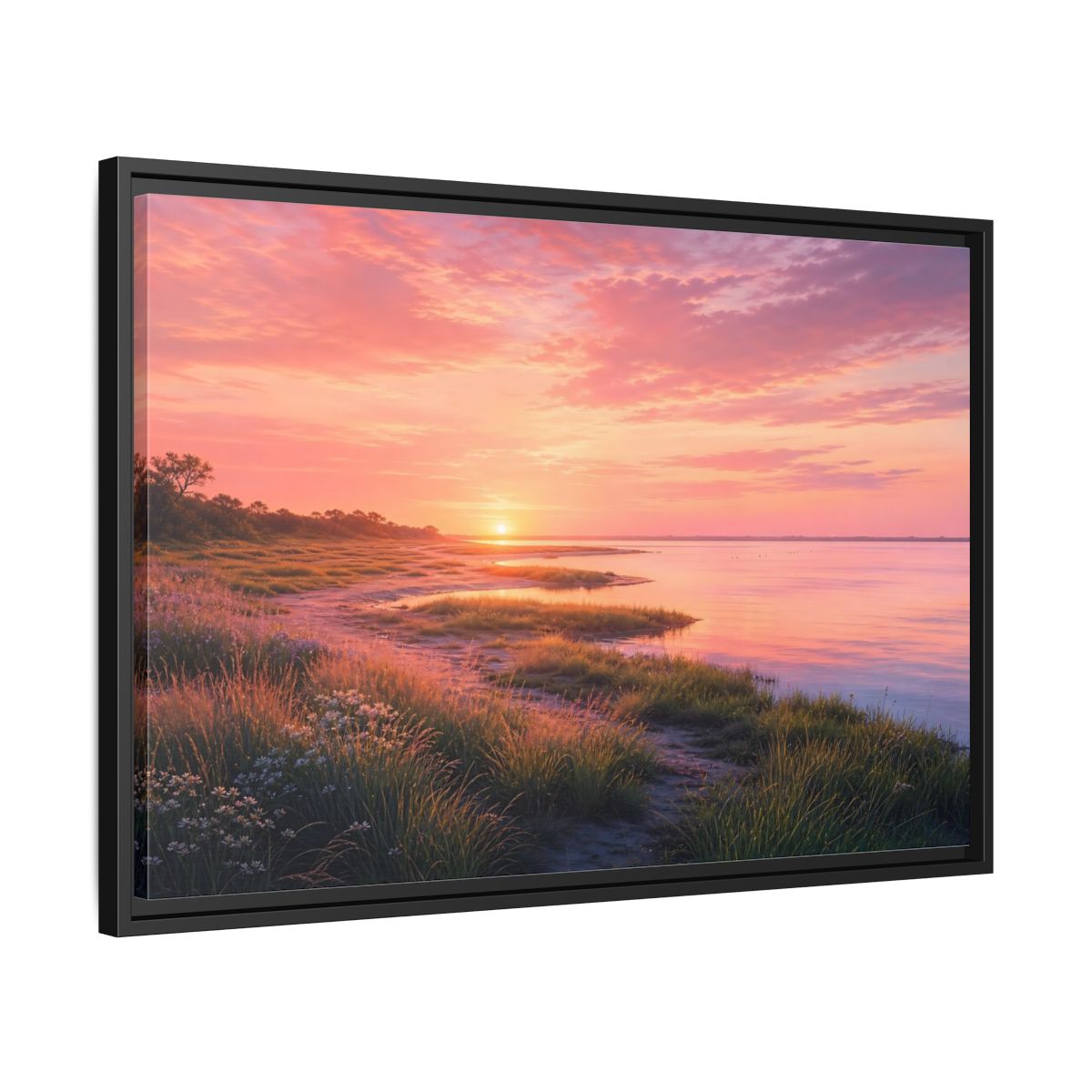 Side Mockup 14. Pink Coastal Sunset shown as framed canvas print