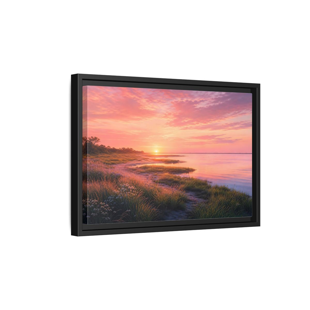 Side Mockup 6. Pink Coastal Sunset shown as framed canvas print