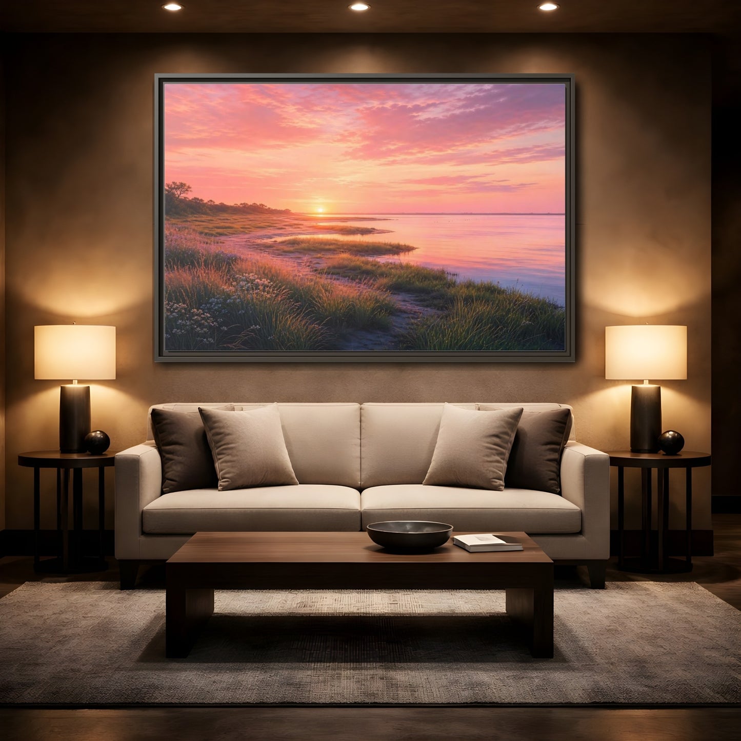 Mockup 2. Pink Coastal Sunset shown as framed canvas print