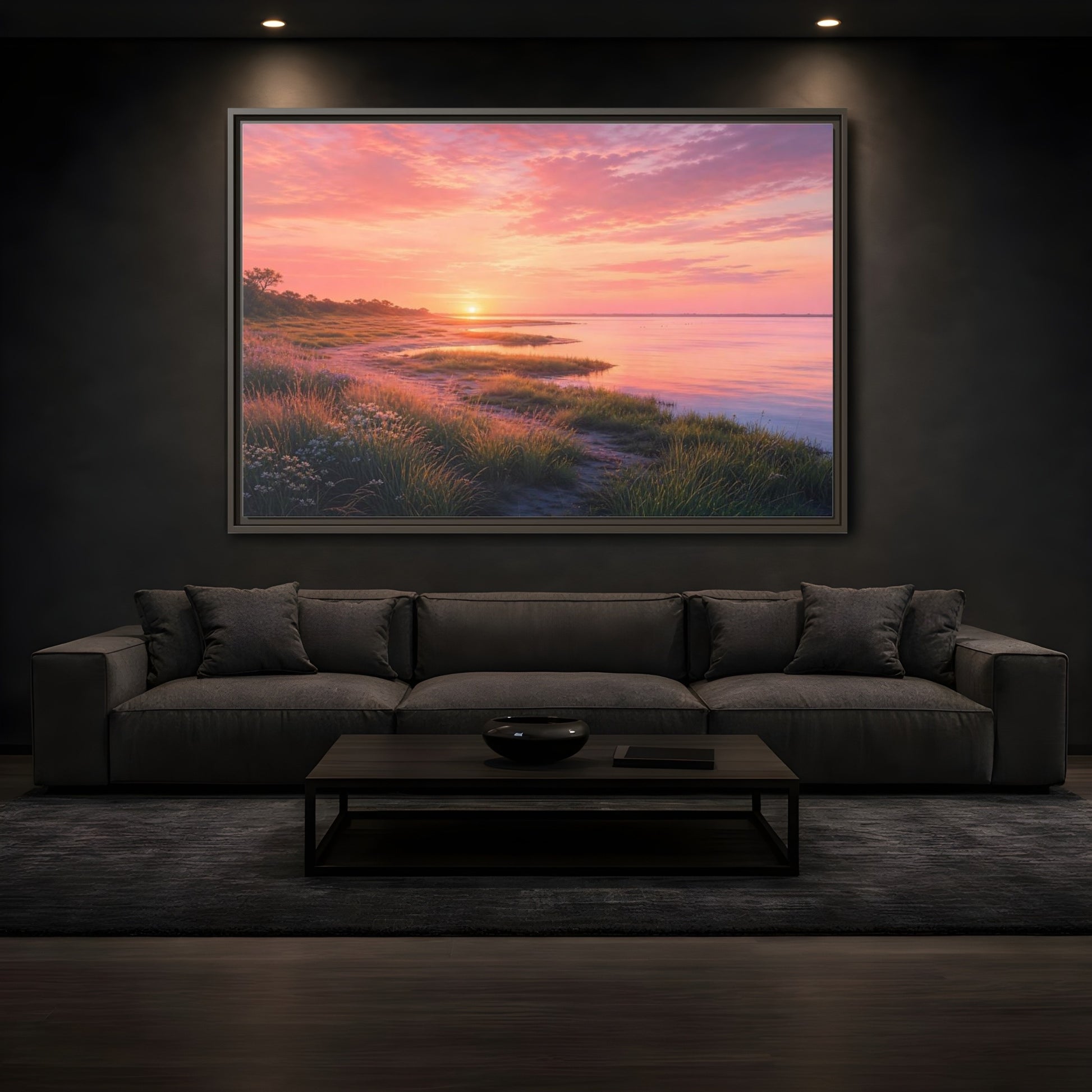 Mockup 3. Pink Coastal Sunset shown as framed canvas print