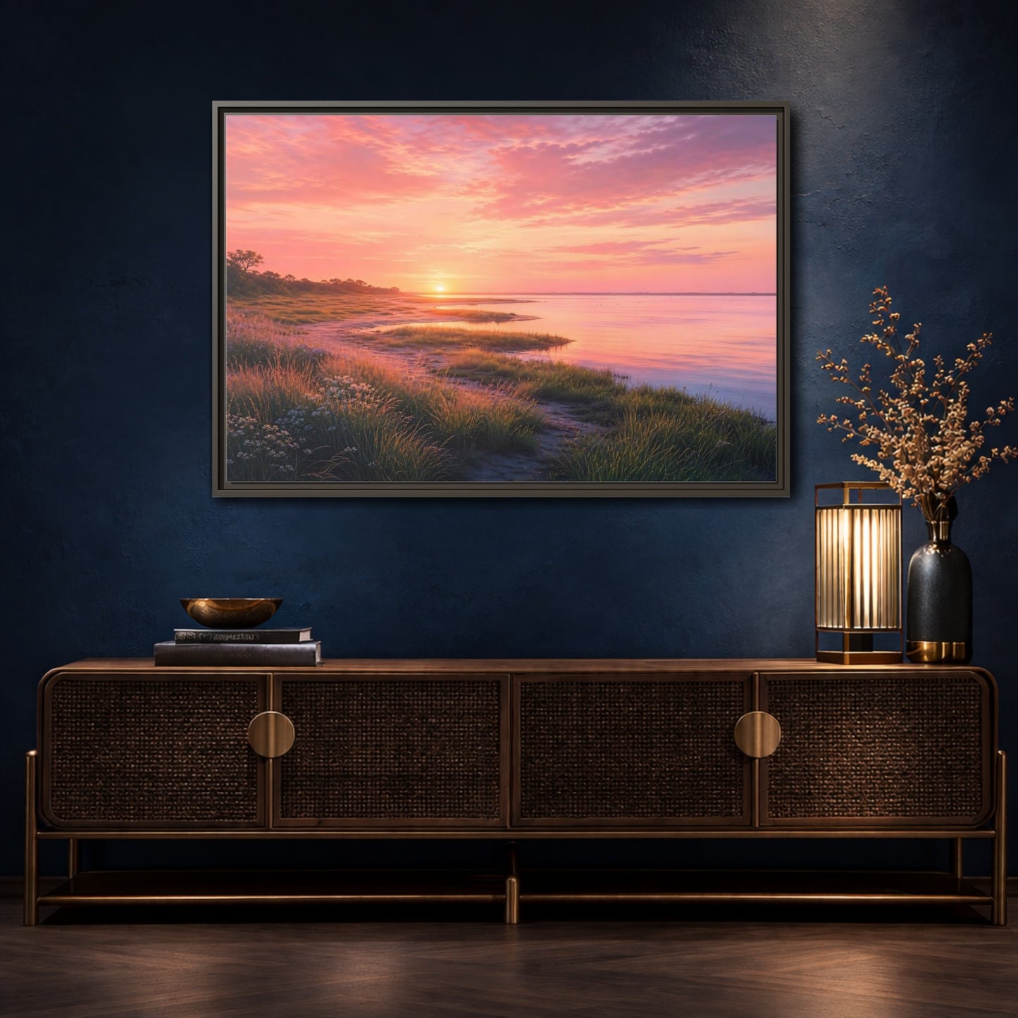 Mockup 4. Pink Coastal Sunset shown as framed canvas print