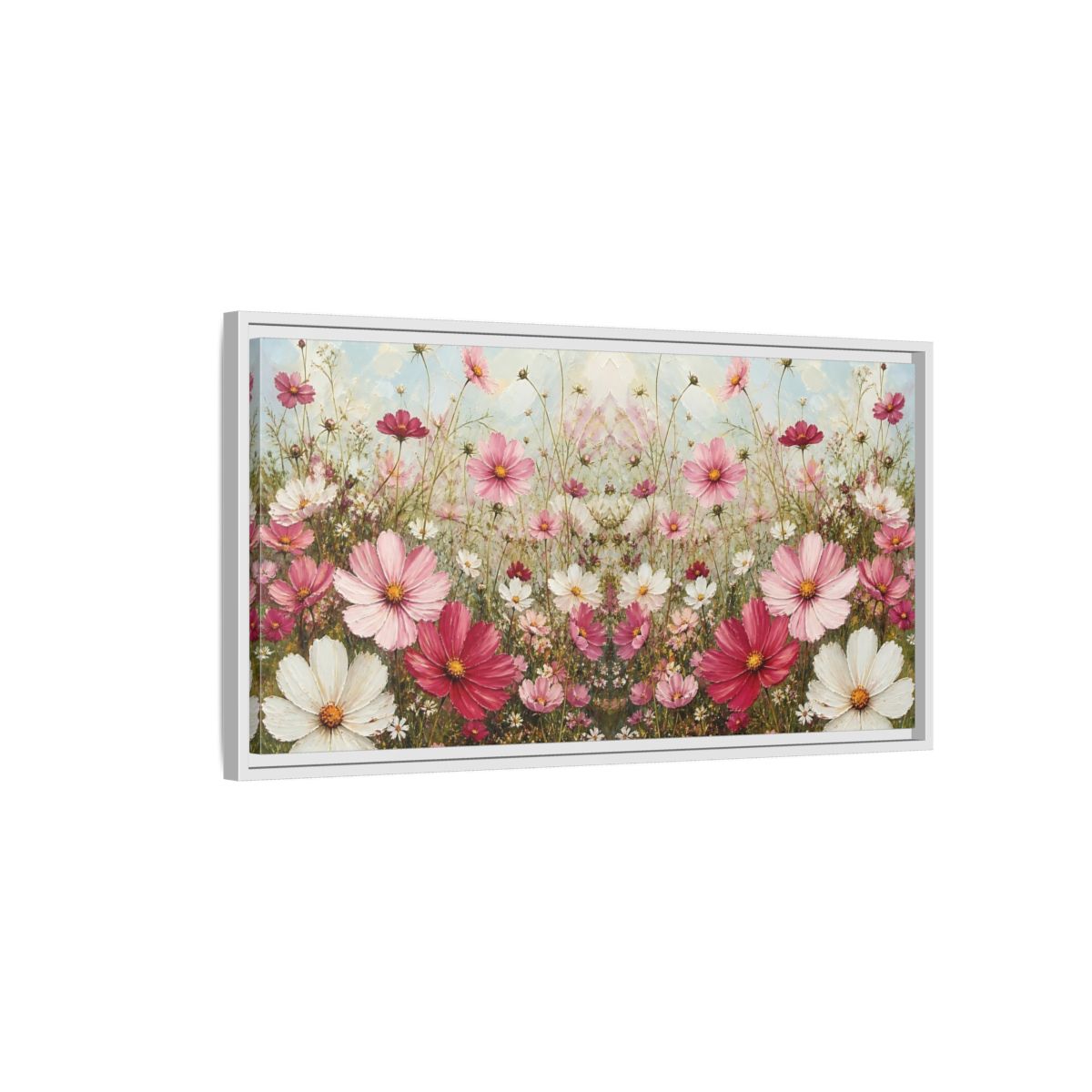 Side Mockup 1. Pink Cosmos Meadow shown as framed canvas print