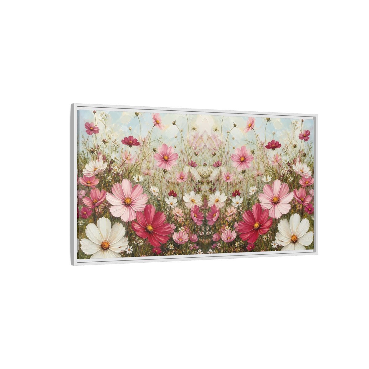 Side Mockup 3. Pink Cosmos Meadow shown as framed canvas print