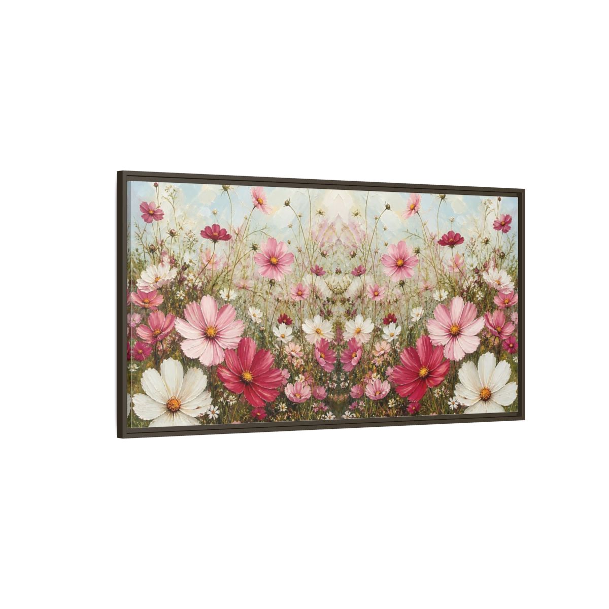 Side Mockup 4. Pink Cosmos Meadow shown as framed canvas print