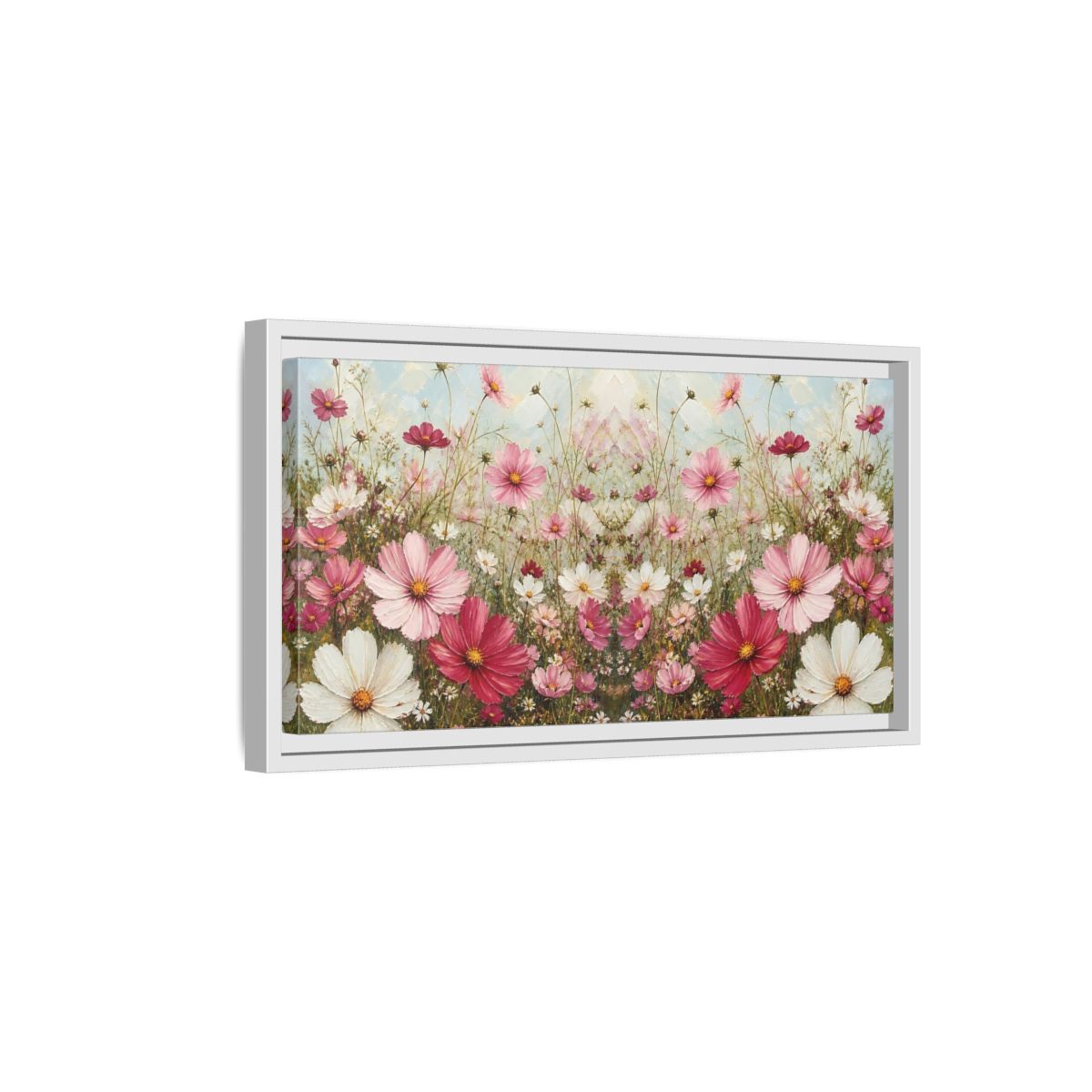 Side Mockup 6. Pink Cosmos Meadow shown as framed canvas print