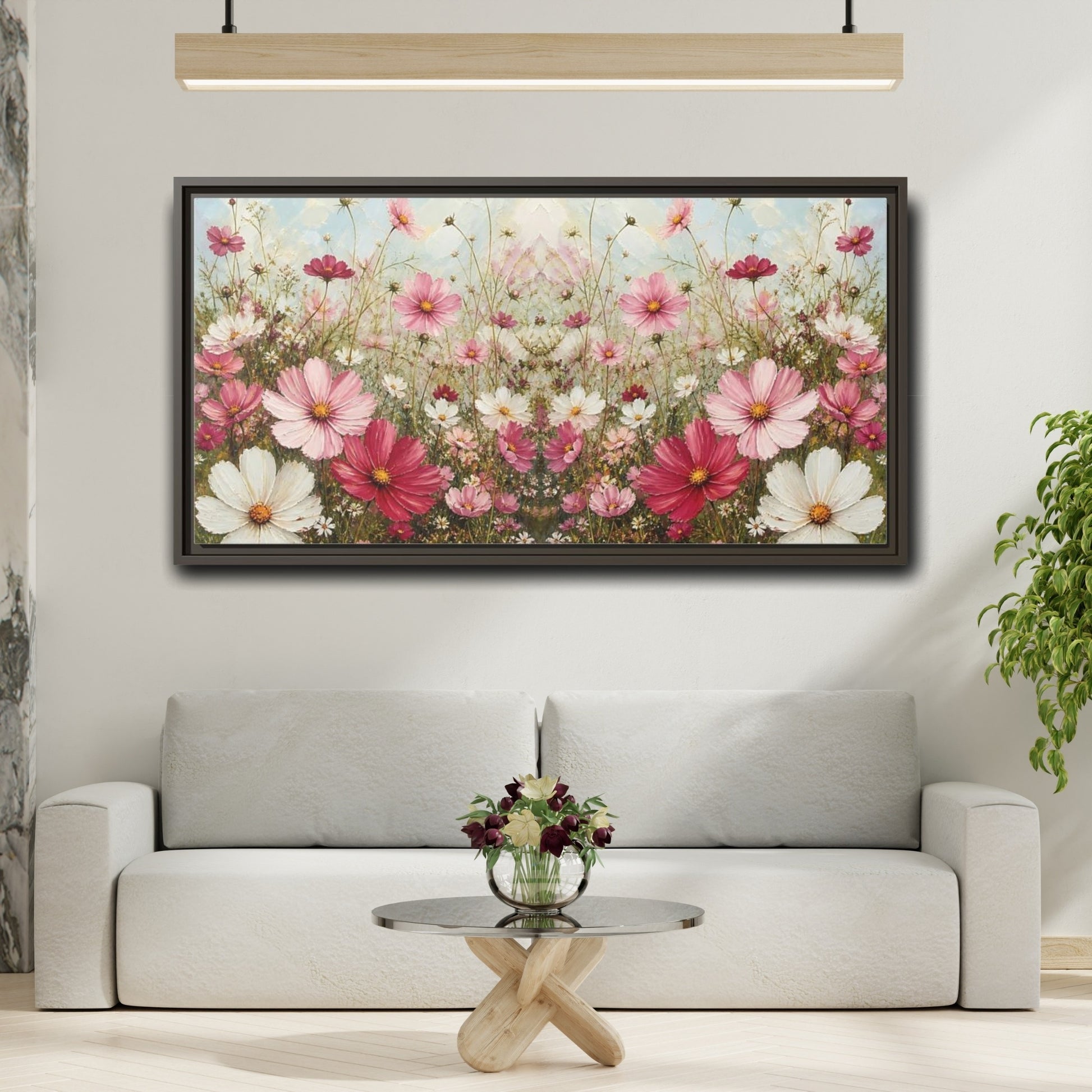 Mockup 2. Pink Cosmos Meadow shown as framed canvas print