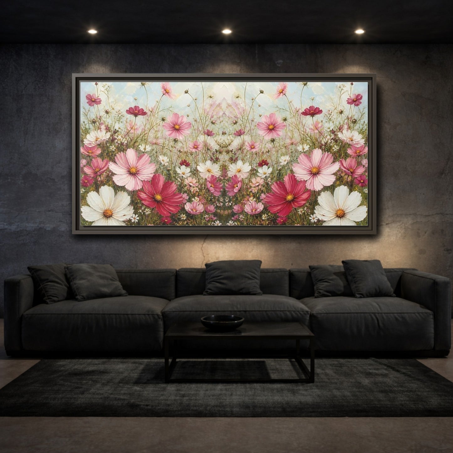 Mockup 3. Pink Cosmos Meadow shown as framed canvas print