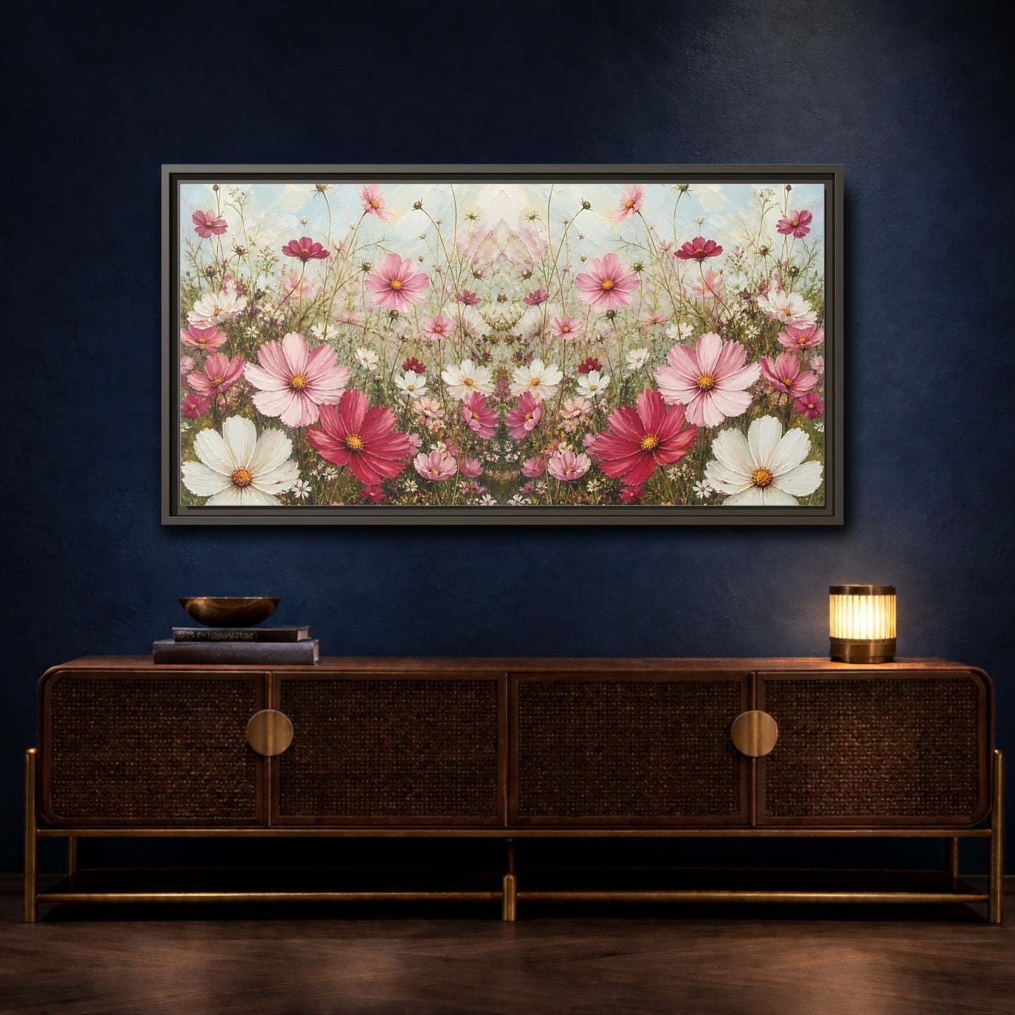Mockup 4. Pink Cosmos Meadow shown as framed canvas print