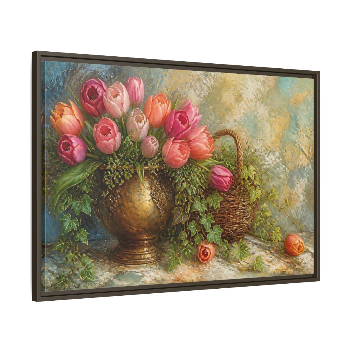 Main Mockup. Pink Tulip & Ivy Bouquet shown as framed canvas print