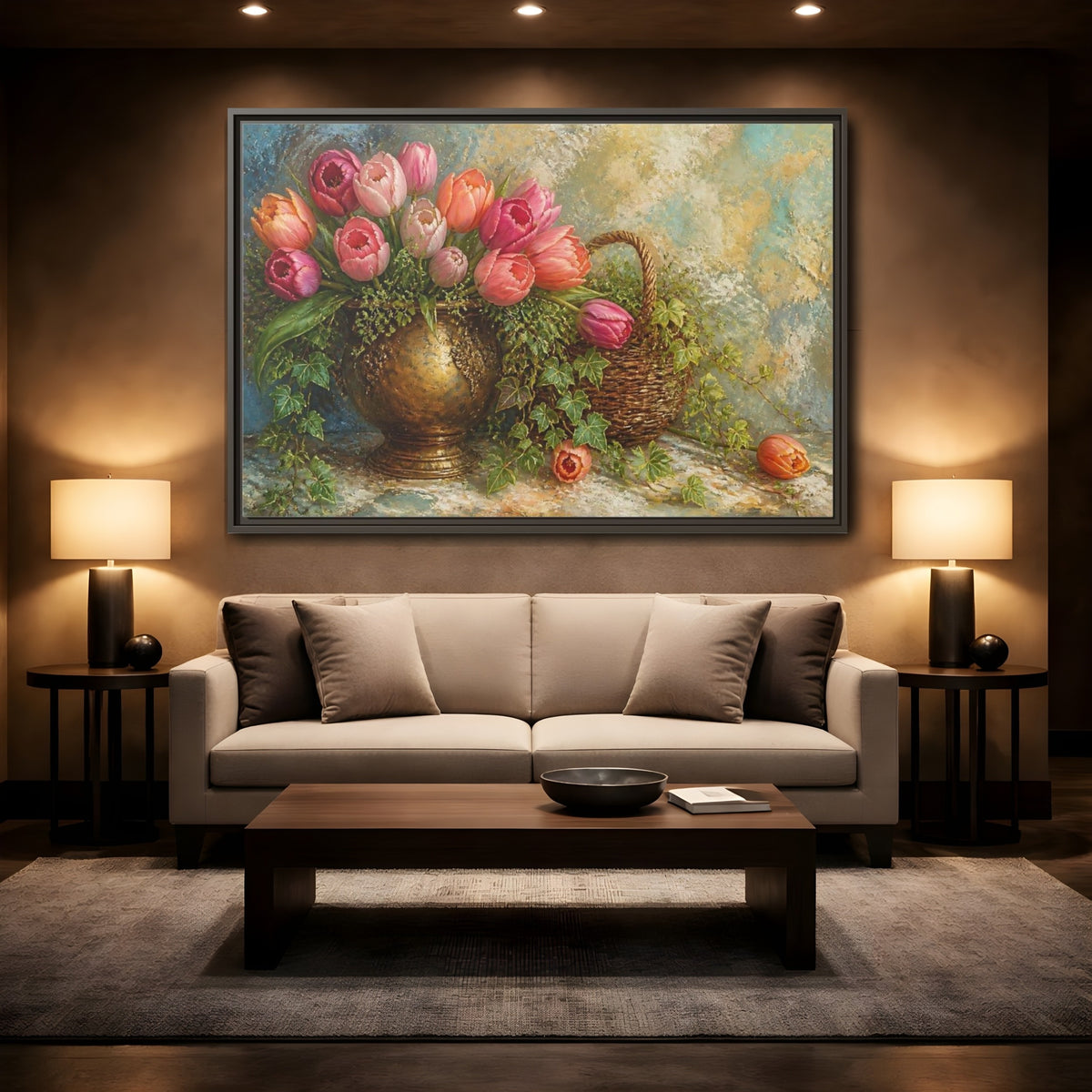 Mockup 2. Pink Tulip & Ivy Bouquet shown as framed canvas print