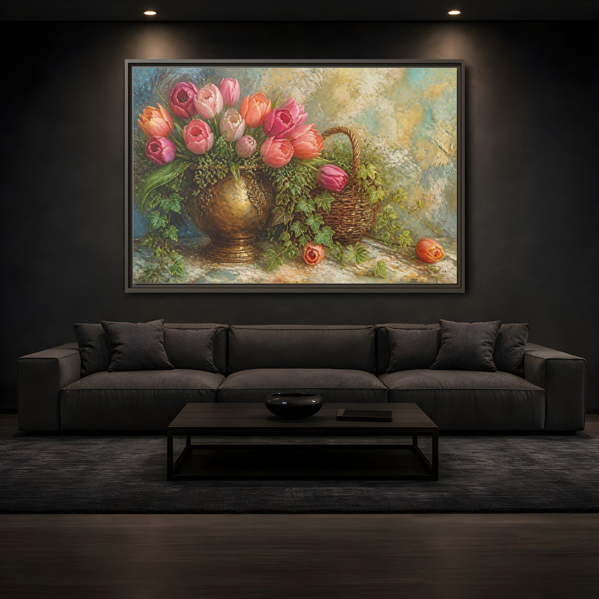Mockup 3. Pink Tulip & Ivy Bouquet shown as framed canvas print