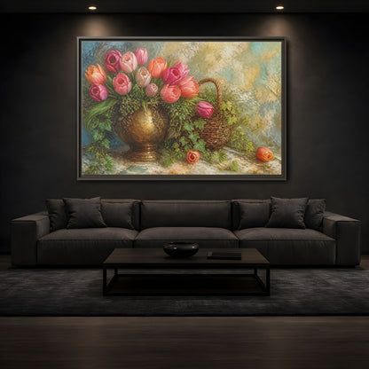 Mockup 3. Pink Tulip & Ivy Bouquet shown as framed canvas print