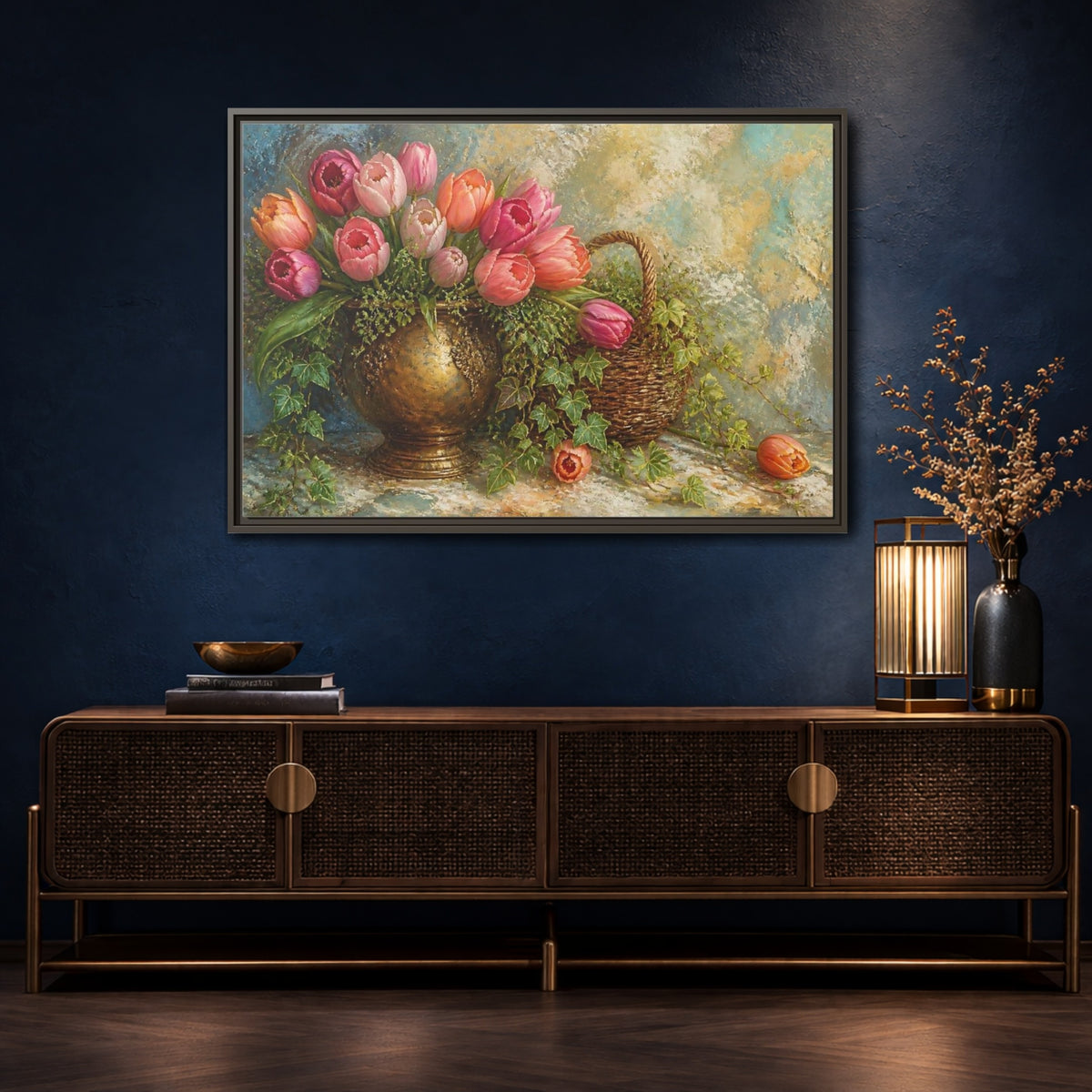Mockup 4. Pink Tulip & Ivy Bouquet shown as framed canvas print