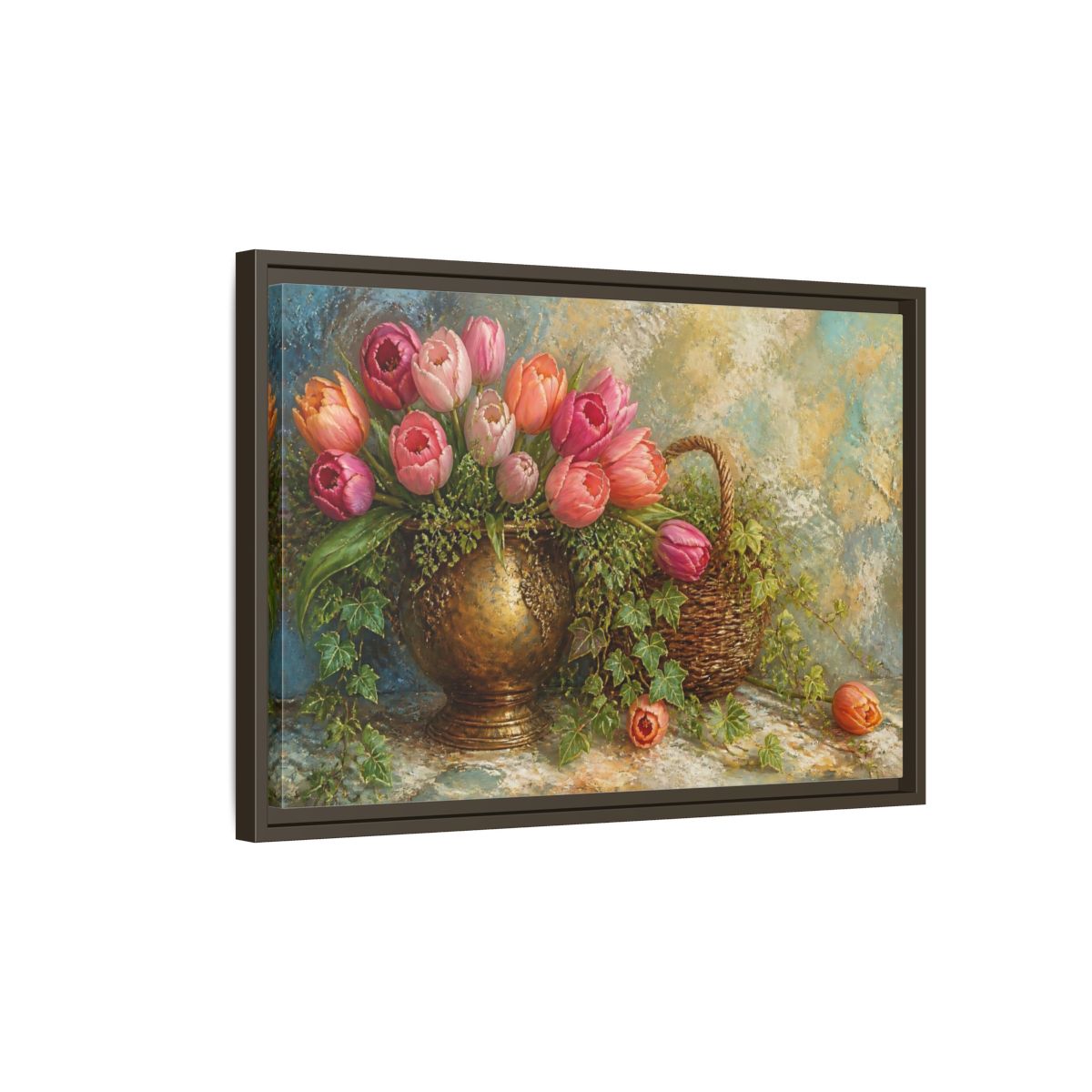 Side Mockup 2. Pink Tulip Bouquet In Vase shown as framed canvas print