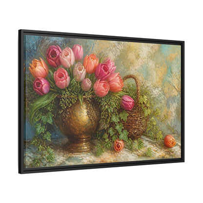 Side Mockup 13. Pink Tulip & Ivy Bouquet shown as framed canvas print