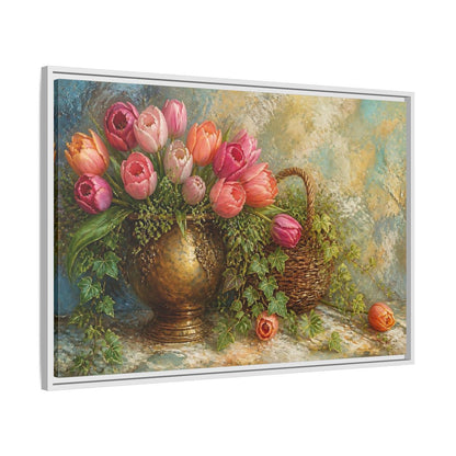 Side Mockup 9. Pink Tulip & Ivy Bouquet shown as framed canvas print