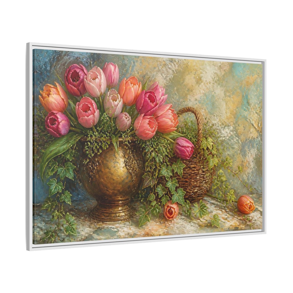 Side Mockup 7. Pink Tulip & Ivy Bouquet shown as framed canvas print