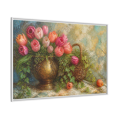 Side Mockup 7. Pink Tulip & Ivy Bouquet shown as framed canvas print