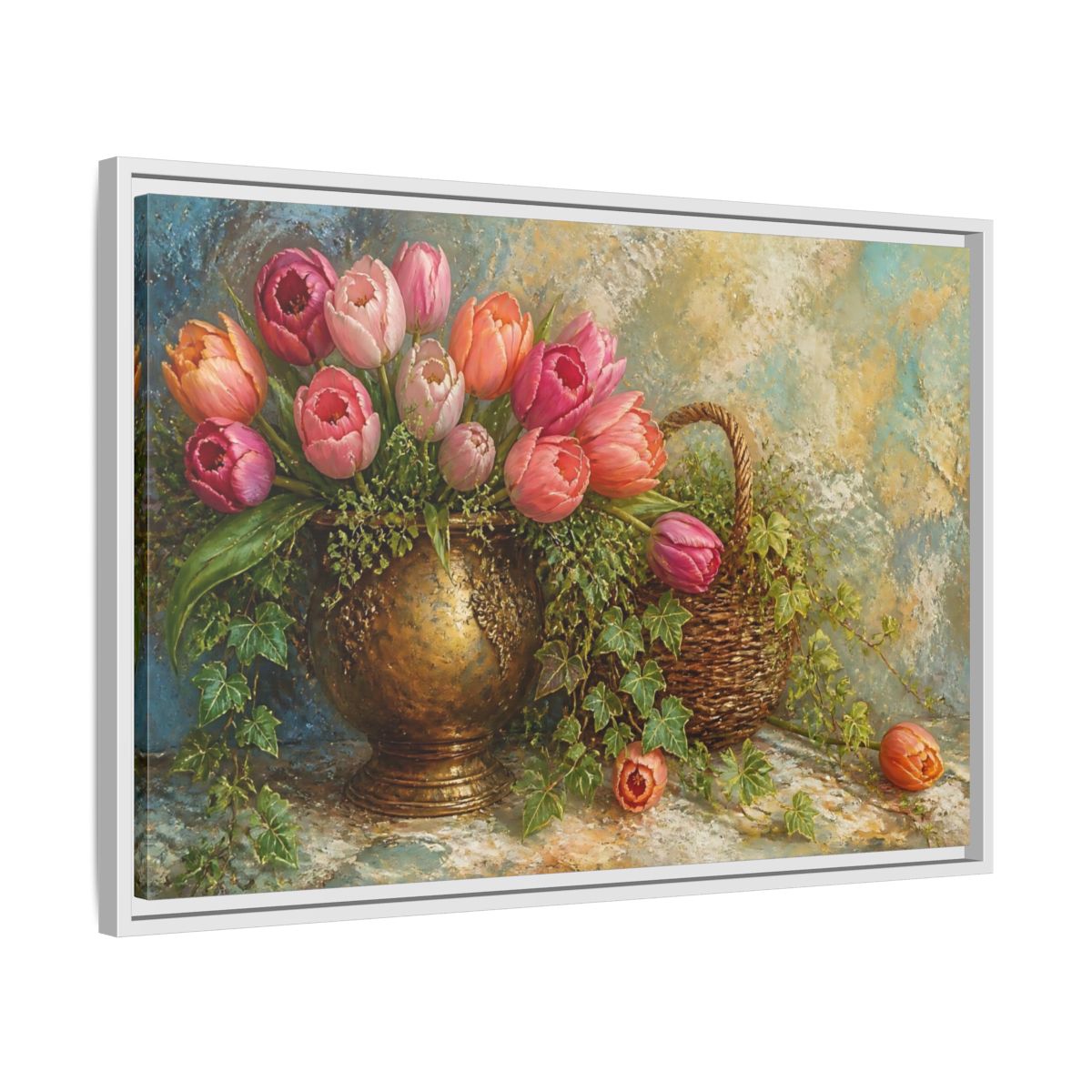 Side Mockup 10. Pink Tulip & Ivy Bouquet shown as framed canvas print