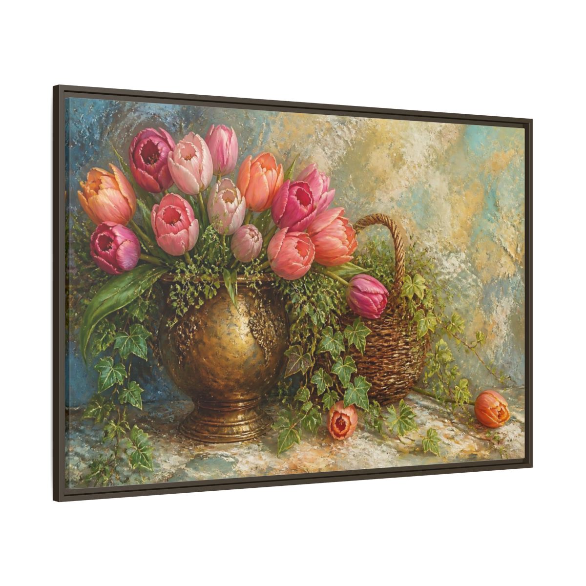 Side Mockup 8. Pink Tulip & Ivy Bouquet shown as framed canvas print