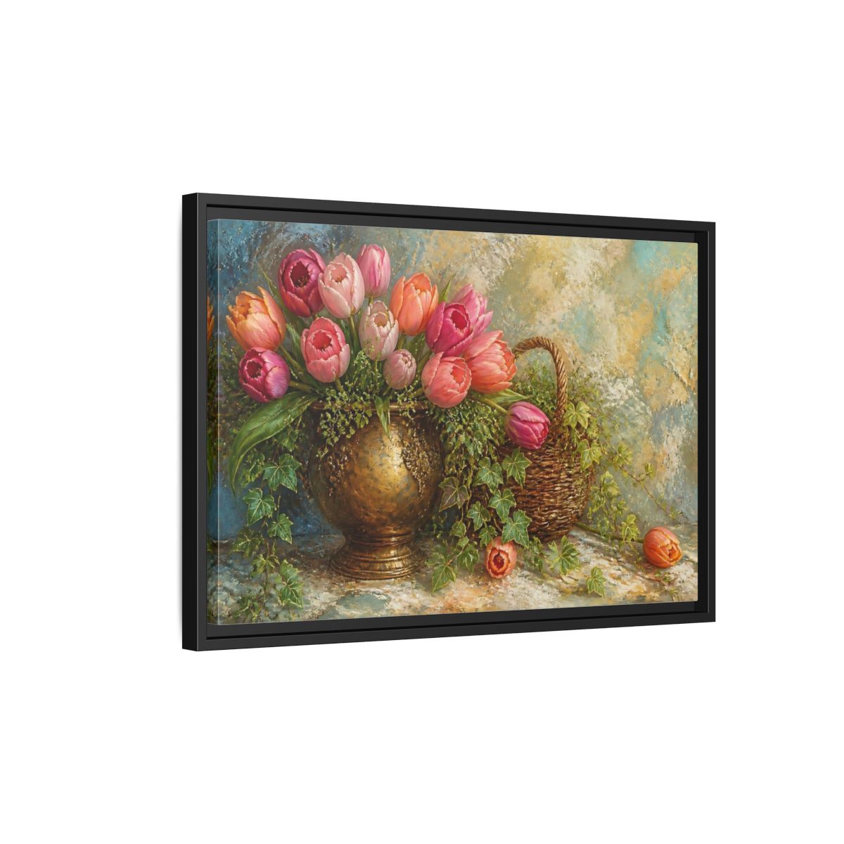Side Mockup 3. Pink Tulip & Ivy Bouquet shown as framed canvas print