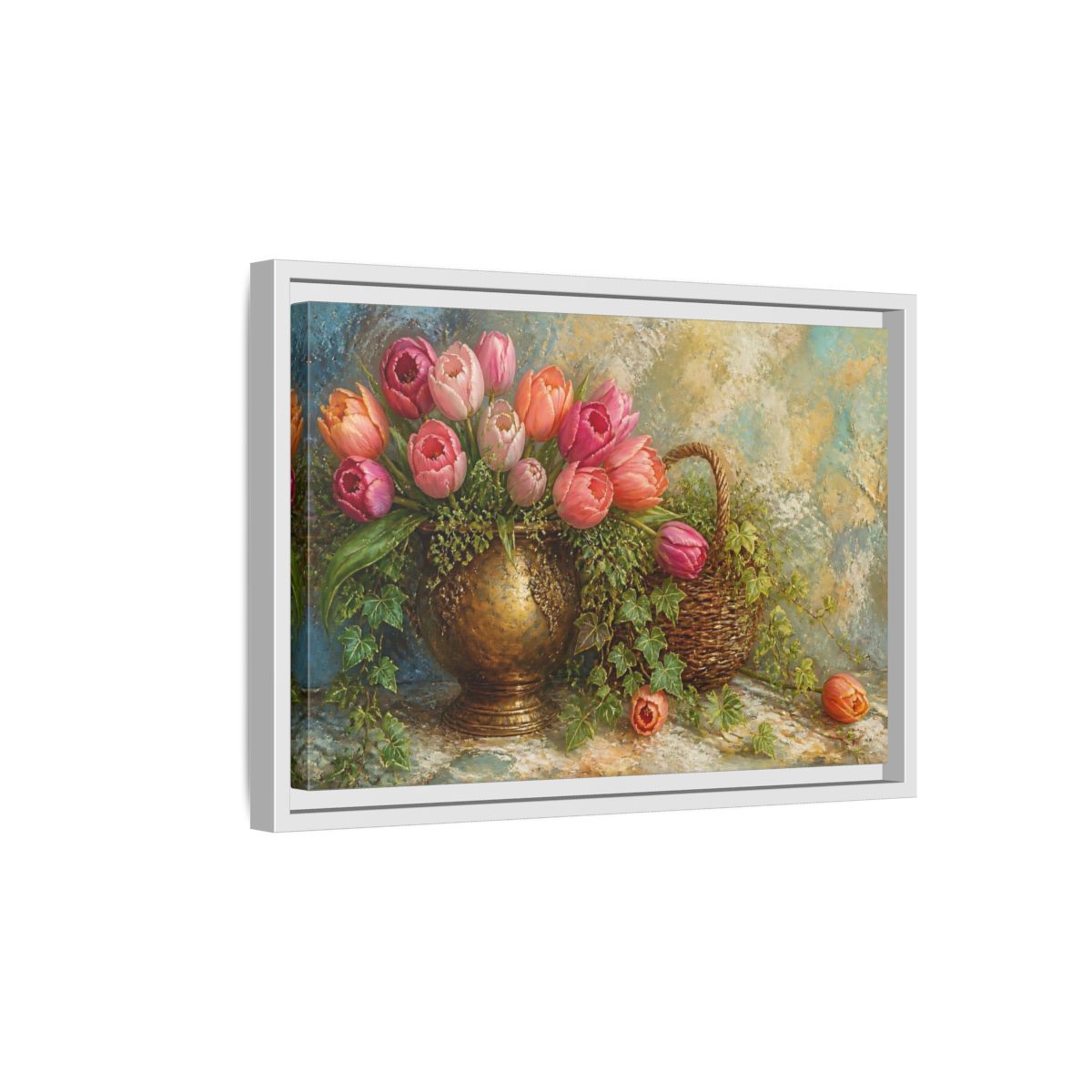 Side Mockup 4. Pink Tulip & Ivy Bouquet shown as framed canvas print