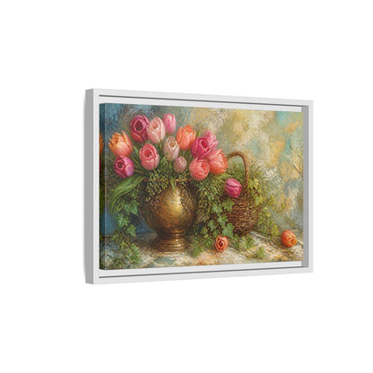 Side Mockup 4. Pink Tulip & Ivy Bouquet shown as framed canvas print