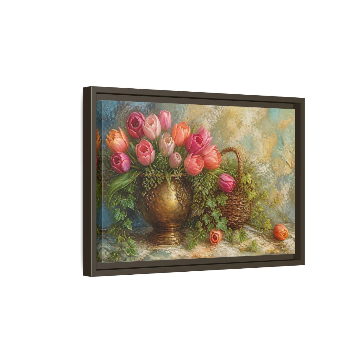 Side Mockup 5. Pink Tulip & Ivy Bouquet shown as framed canvas print