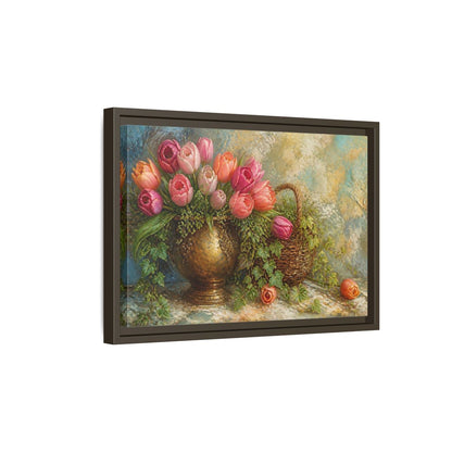 Side Mockup 5. Pink Tulip & Ivy Bouquet shown as framed canvas print